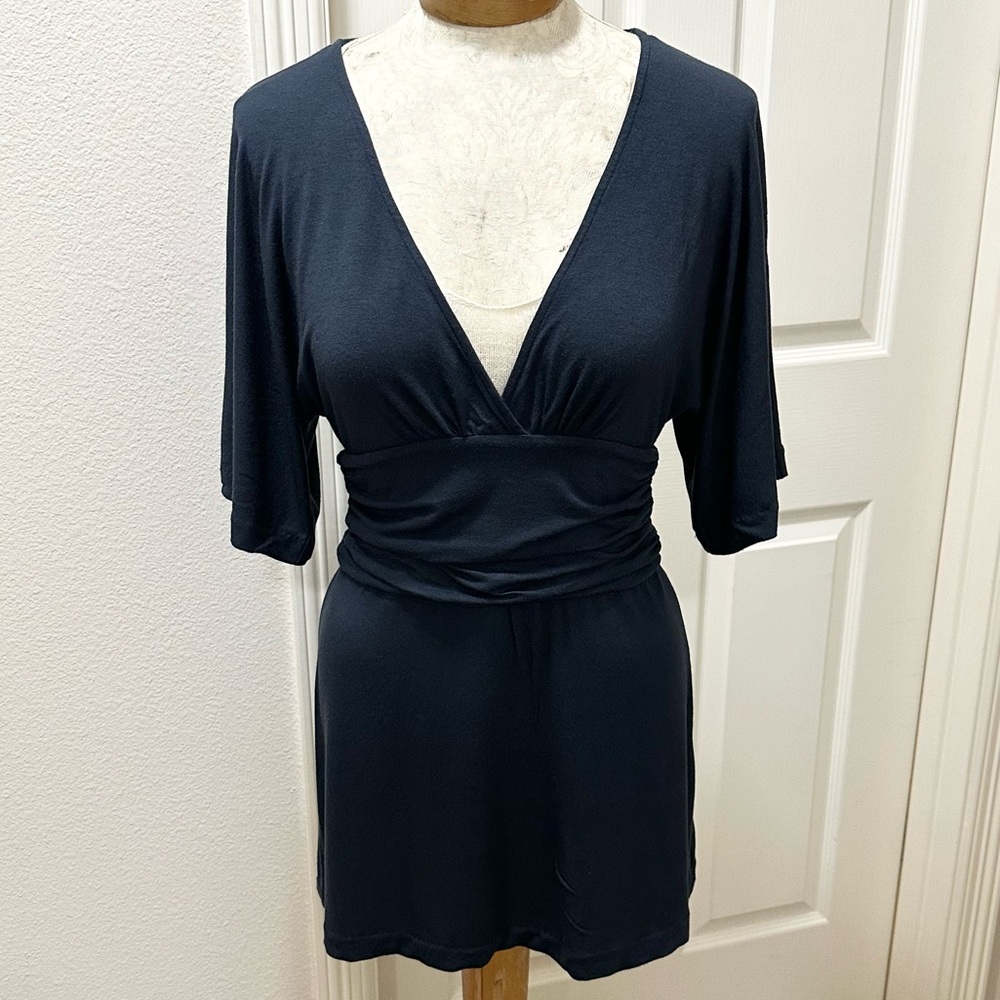 Banana Republic Navy Blue 3/4 Sleeve Ruched Waist Deep Crossover V-Neck Tunic M